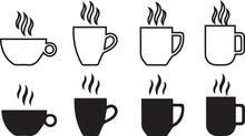 Coffee Cup Icon Set. Cups For Coffee And Tea. Cup With Steam Isolated On A White Background. Hot Drink Silhouette