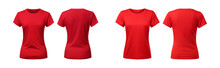 Realistic Set Of Female Red T-shirts Mockup Front And Back View Isolated On A Transparent Background, Cut Out