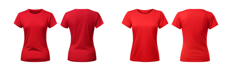 Wall Mural - realistic set of female red t-shirts mockup front and back view isolated on a transparent background, cut out