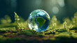 Concept of Environmental Eco Awareness. Symbolic Transparent Earth Globe on a Green Forest Floor. Green Eco-Background. Mother Earth.