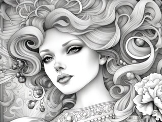 Wall Mural - A coloring book page of a beautiful young woman from the 1920s