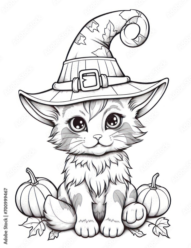 Cute Halloween cat coloring page wearing a witches hat Stock ...