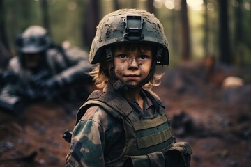 Poster - Portrait of a child soldier in the forest. Selective focus.