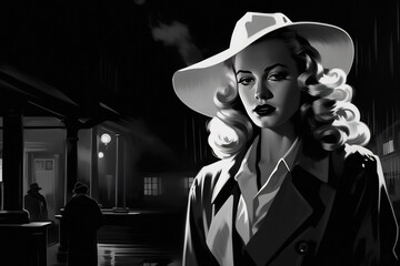 Monochrome film detective illustration women, black and white noir detective. AI generated