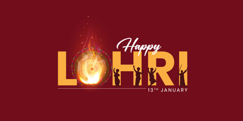 Wall Mural - Happy Lohri text. Indian Sikh Festival editable design background. Greetings on the traditional Lohri festival of Punjab, India. Greeting card, poster banner design.