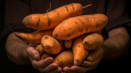 Wall Mural - close-up of freshly harvested sweet potatoes in the farmer's hands.batata.