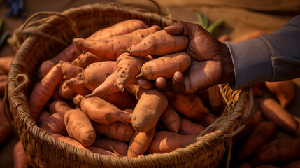 Wall Mural - close-up of freshly harvested sweet potatoes in the farmer's hands.batata.