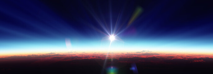 Wall Mural - earth sunrise from space over cloudy ocean. 3d rendering