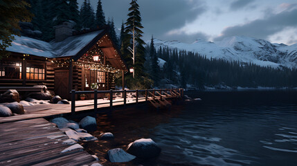 Wall Mural - an attractive winter cabin by the lake