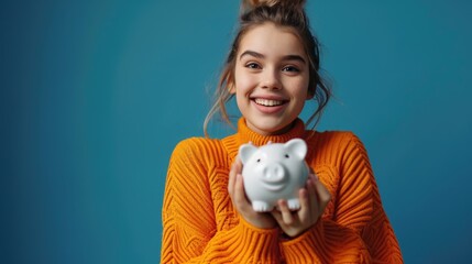 Wall Mural - A young girl holding a piggy bank in her hands. This image can be used to illustrate concepts of saving money, financial education, or teaching children about finance