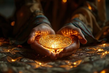 Canvas Print - Golden Flower of Life background with male hands and white star light, perfect for a spiritual holistic healing theme.