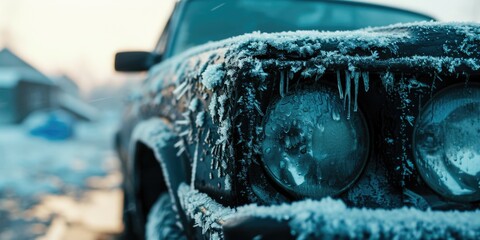 Poster - A close-up view of a car completely covered in snow. This image can be used to depict winter weather conditions or the aftermath of a snowstorm.