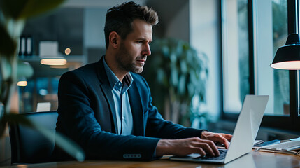 Wall Mural - A man, late 40's, clean shaven, sitting at a desk table working on his laptop