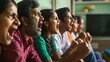 A side view of an enthusiastic family cheering for the Indian Cricket Team on TV at home, representing team spirit and energetic support.