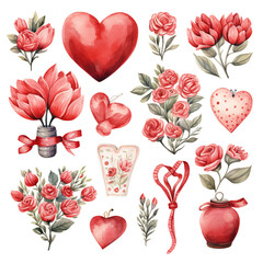 Wall Mural - Collection of Valentine's Day elements painted in watercolor. Generative AI
