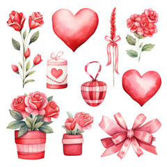 Wall Mural - Collection of Valentine's Day elements painted in watercolor. Generative AI