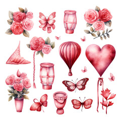 Wall Mural - Collection of Valentine's Day elements painted in watercolor. Generative AI