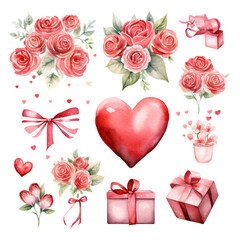 Wall Mural - Collection of Valentine's Day elements painted in watercolor. Generative AI