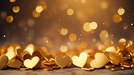 Wall Mural - Gold confetti hearts with copy space. Generative AI