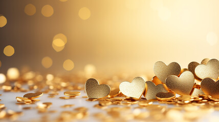 Wall Mural - Gold confetti hearts with copy space. Generative AI