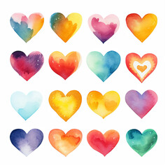 Wall Mural - Watercolor clip art of colorful hearts on white background. Generative AI