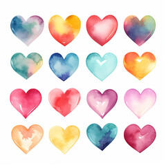 Wall Mural - Watercolor clip art of colorful hearts on white background. Generative AI