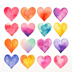 Wall Mural - Watercolor clip art of colorful hearts on white background. Generative AI