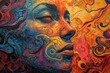 An abstract digital painting of a woman face colored with paint and in a dreamy colorful world, strange artwork of a female in fantasy universe,AI Generated