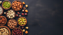 Assortment Of Nuts On A Black Slate Or Stone Background - Healthy Snack.Top View With Copy Space