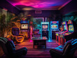 A retro-themed gaming haven filled with vibrant neon signs and classic arcade machines lining the walls.