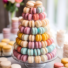 Canvas Print - A stack of colorful macarons on a dessert table.