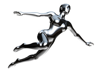 Wall Mural - y2k futuristic chrome woman flying isolated. melty gloss silver metal mannequin