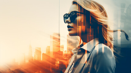 Wall Mural - Double exposure photography of businesswoman and city buildings, in the evening, sunset colors on a white background.