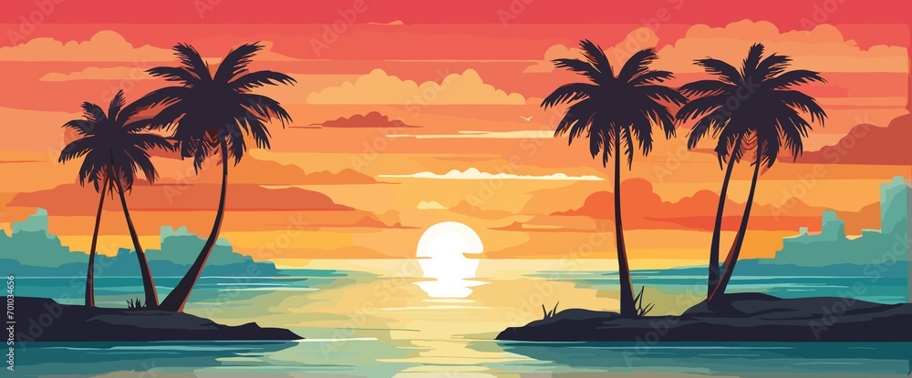 Tropical sunset with palm trees flat vector illustration Stock ...