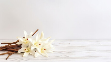 Wall Mural - Flying vanilla sticks and orchid flowers on beige background.