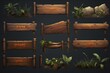 Wooden signboards in jungle. Wood board with tropic leaves, moss and liana plants for game ui