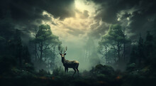 A Deer Stands Under A Sky Of Trees Around The Forest