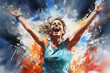Joyful woman with arms open in a burst of watercolor
