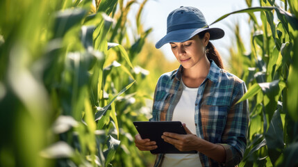 Poster - Woman using a tablet in a cornfield, likely engaged in modern agricultural management or research.