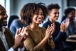 © Vilaysack - Black woman, Target growth, finance team and diversity of business group clapping for support and happiness. Company success. Generative AI