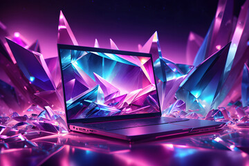 Laptop with crystals on the screen with low polygonal crystal background. Neon colors. Generative AI