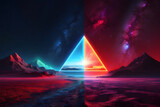 Fototapeta Tęcza - Abstract landscape with an arrow in the form of a triangle and neon lights. Fantasy alien planet. Mountain and lake. Generative AI