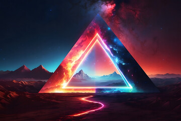 Wall Mural - Abstract landscape with an arrow in the form of a triangle and neon lights. Fantasy alien planet. Mountain and lake. Generative AI