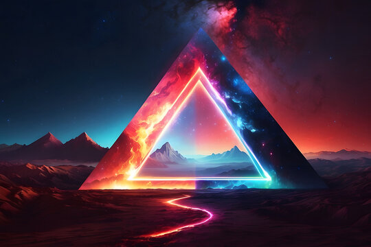 Abstract landscape with an arrow in the form of a triangle and neon lights. Fantasy alien planet. Mountain and lake. Generative AI