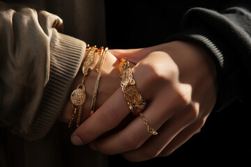 Poster - An image of a couple's hands entwined, showcasing matching bracelets as a symbol of their connection on Valentine's Day. Generative Ai.