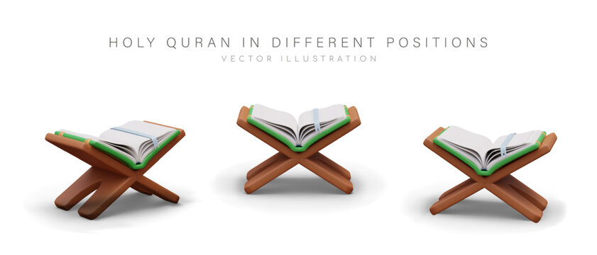 Realistic Koran on wooden stand. Opened Quran, holy book of Muslims. Vector object in different positions. Set of isolated images. Religious scriptures of Islam