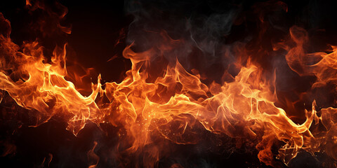 Wall Mural - abstract fire flame and particles on black background. wide template or banner, creative design with