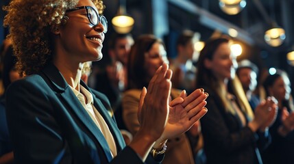 Target growth, finance team and diversity of business group clapping for support and happiness. Company success. Generative AI