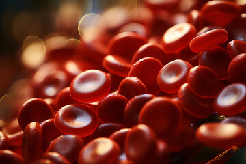 3d rendering of red blood cells in vein with depth of field, A 3D rendering of a blood vessel with blood cells flowing in one direction