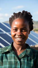 proud african woman posing in front of solar panels tha t deliver power for farming, education and f